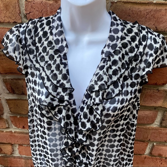 AGB Black White Polka Dot Sheer Ruffle Blouse M - Picture 3 of 7